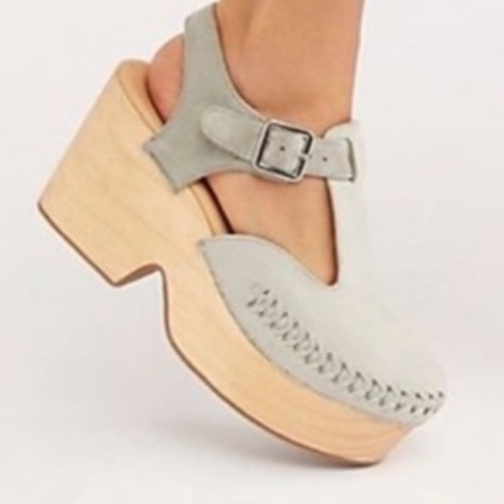Free People leather huarache-detail wood-grain 4” platform “Emmer” clogs-NWOT - Picture 14 of 15